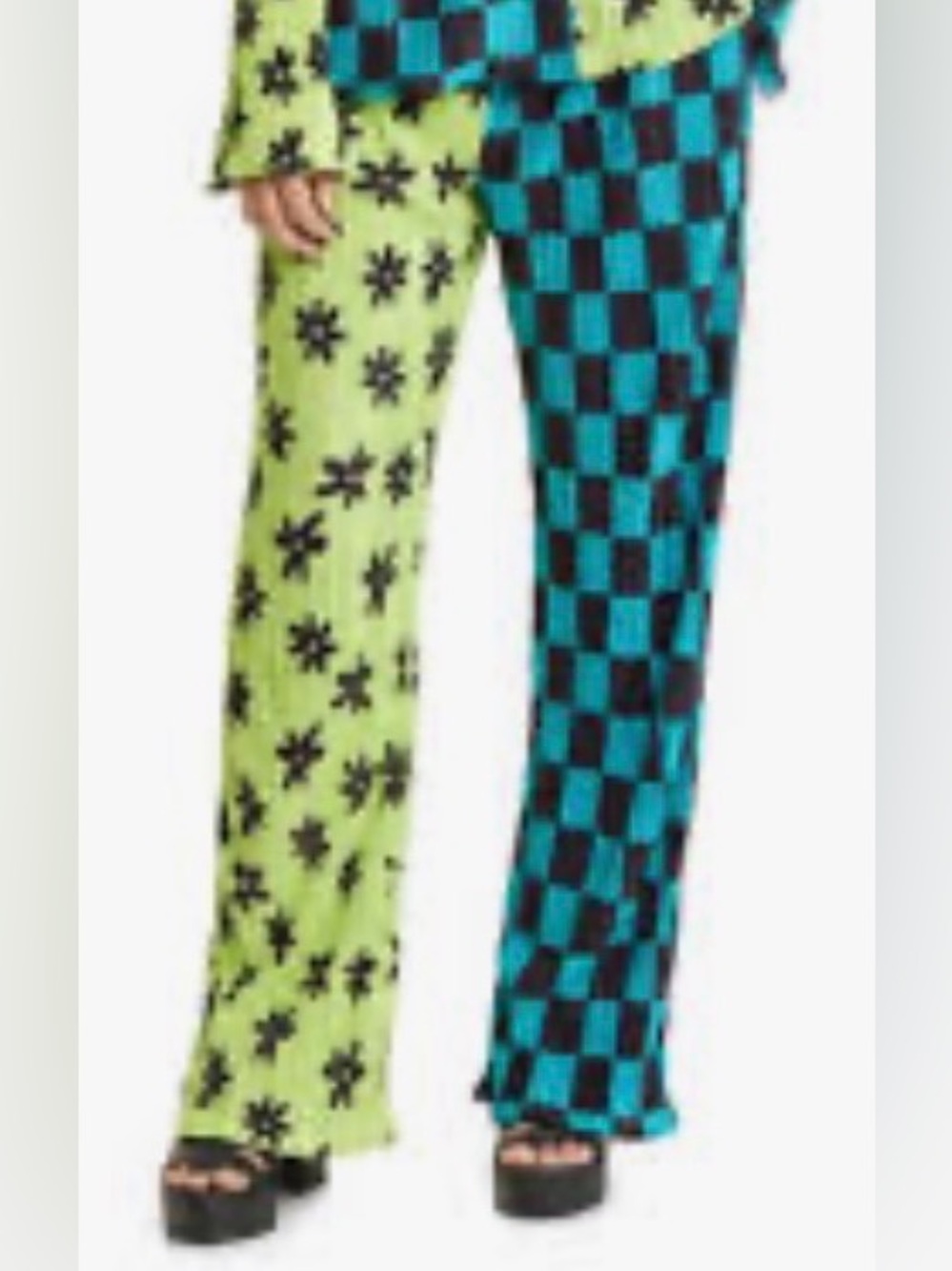 Wide Leg Colorblock Pleated Pants in Neon Yellow & Teal